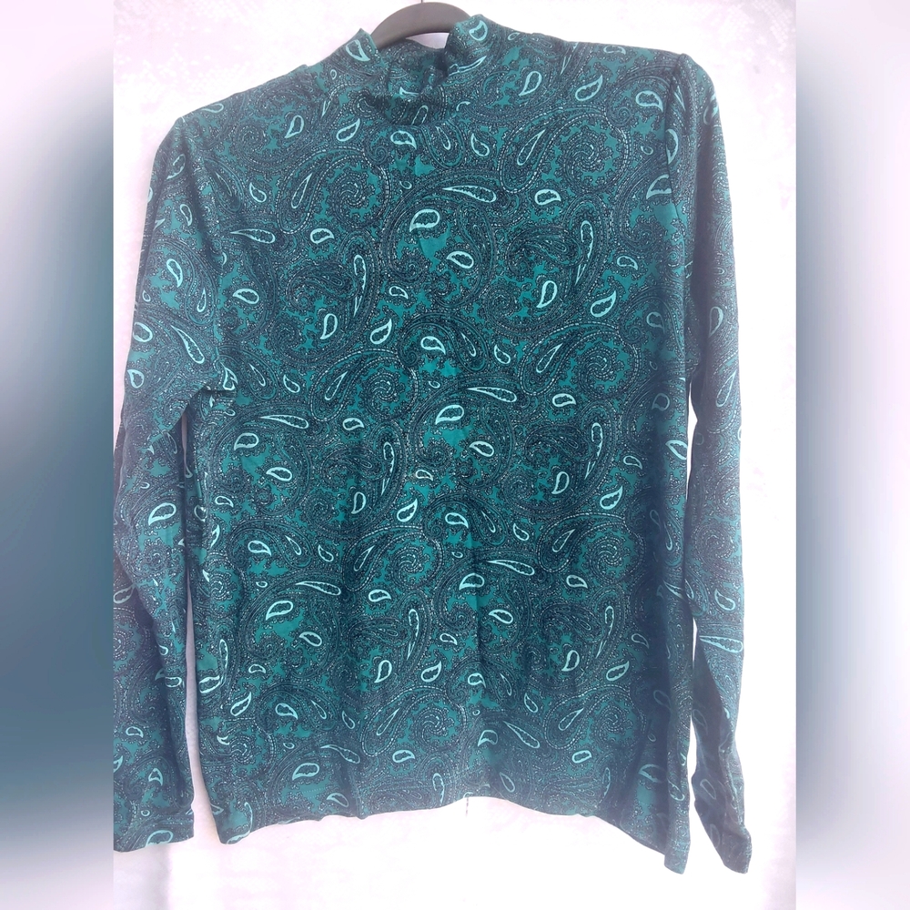 KIM ROGERS mock t neck in shades of turquoise and teal.